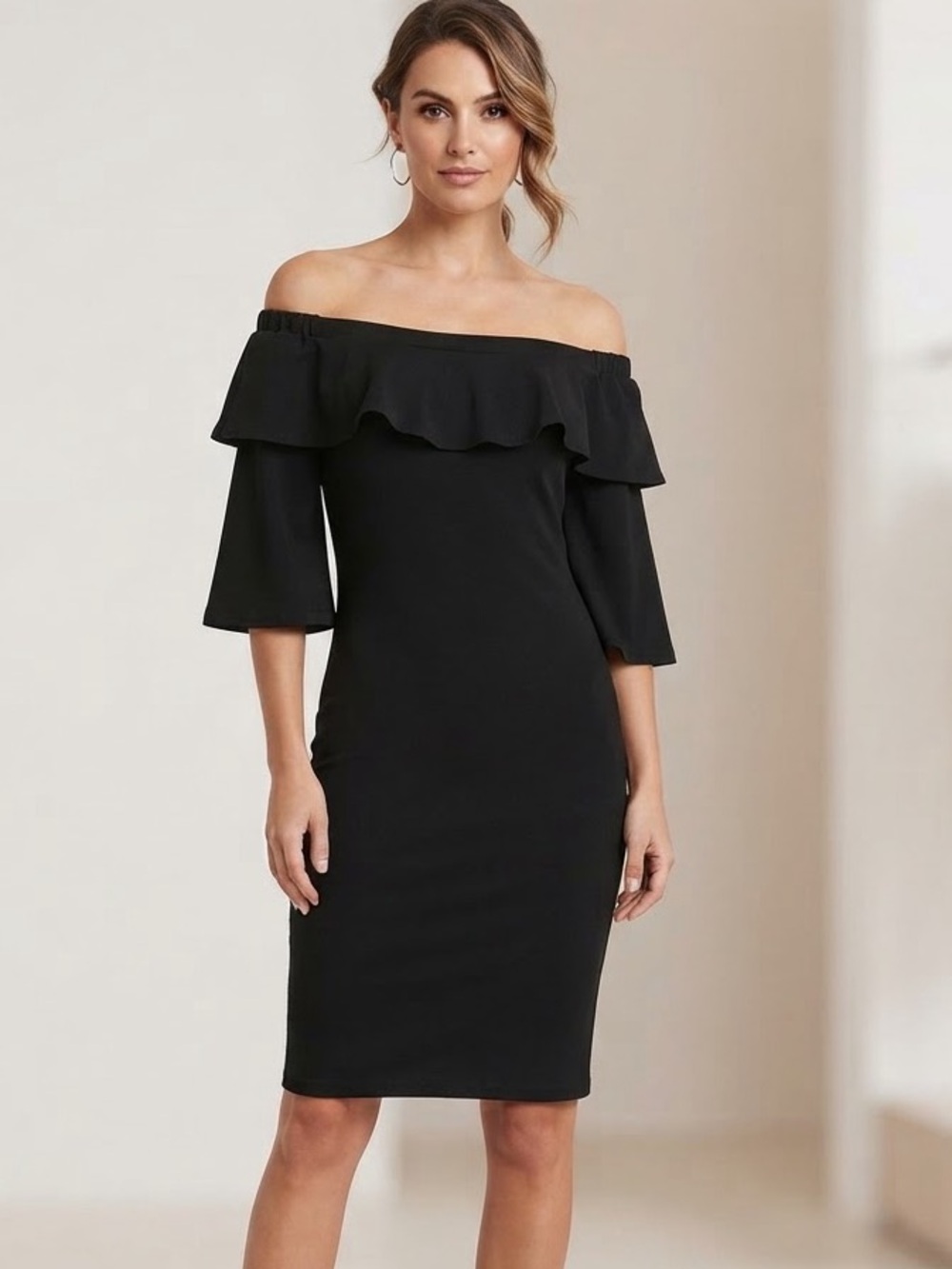 NWT Molly Bracken Classic Black Off-the-Shoulder Ruffle Knit Dress Size L